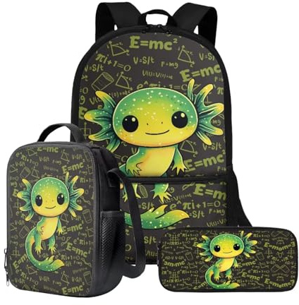 Wnbucioht 3 in 1 Rucksack Kinder Jugendliche mit Kühltasche Lunch Bag Stiftehalter Schulrucksack Set, Axolotl Carino, Taglia unica, schulranzen set