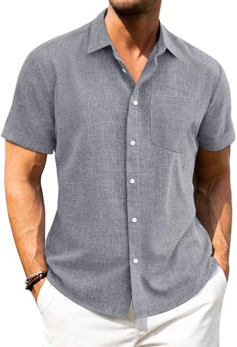 J.VER Linen Shirts Men Adult Summer Short Sleeve Casual Fashion Beach Holiday Button Down Shirt Blue Grey L