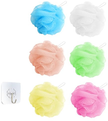 APOMOONS Lot de 6 éponge de Douche Douce Et Durable Fleur de Douche Lavable Maille Massage Grosse Eponge pour Corps Nettoyage Exfoliation Du Avec Crochet