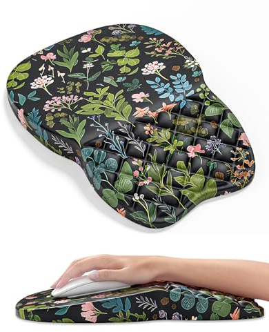 Auhoahsil Ergonomic Mouse Pad with Wrist Rest, Slope Computer Mouse Mat with Wrist Support, Memory Foam Filling, Non-Slip Silicone Base, Pain Relief, for Gaming & Work, 8 x 12 in, Black Flowers