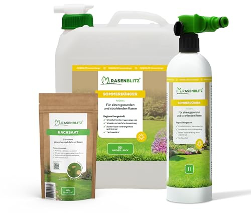 RASENBLITZ Rasendünger Sommer flüssig 10 L Flüssigdünger | für starken Rasen trotz Hitze, inkl. 500 g Nachsaat & Sprühflasche, Ergänzung zu Rasensamen, am Gartenschlauch