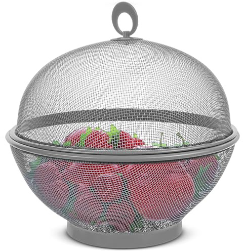 Aleker Fruit baskets with Lid,Durable Metal Mesh Fruits Bowl,Grey Fruit Bowl Cover, Bowl Cover to Keep out Fruit Flies,Large Fruit Basket for Fruits Vegetables Snacks