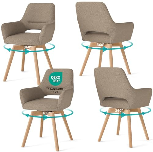 WAFTING 360° Esszimmerstühle Drehbar 4er Set mit Armlehnen, Buchenbeinen | Polsterstühle, Drehstuhl Esszimmer, Küchenstuhl Drehbar, für Wohnzimmer, Schlafzimmer, Arbeitszimmer, Empfangszimmer, Braun