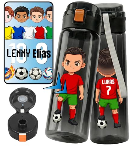 noki Personalisierte Trinkflasche Kinder Fußball auslaufsicher – Avatar mit Name & Rückennummer – Tritan 0,5L (Schwarz)