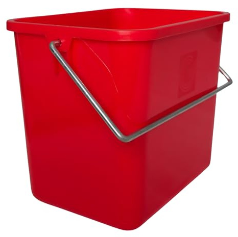 Cubo de Limpieza Rectangular 6L con Asa Metálica Resistente y Escala Medidora - Plástico Polipropileno Diseño Compacto para Uso Personal y Profesional (24x18x21 cm) (Rojo)
