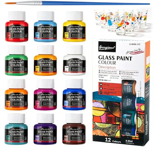 XJJAUGKLY Set di colori acrilici per pittura a vetro, 12 x 25 ml, impermeabili, colori acrilici, in porcellana, lavabili in lavastoviglie, per artisti, principianti, adulti su più superfici in vetro