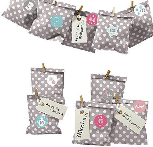 Frau WUNDERVoll® DIY Adventskalender zum Befüllen Bescherung, grau/taupe - weiße Punkte Papiertüten 13x16,5cm, Ziffern Pastell/Weihnachten Aufkleber Advent Kalender Kinder Geschenkbeutel