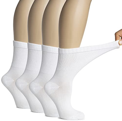 Hugh Ugoli Chaussettes Mi-mollet Diabétiques Femme en Bambou, 4 Pairs, Ultra Douces, Fines & Respirantes | Sans Couture & Bord Non Comprimant | Idéales pour Chevilles Gonflées | Blanc, 36-39