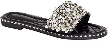 shelikes Womens Slip On Ladies Flat Diamante Sliders Slip On Summer Sandals Mules Size