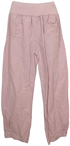 Vexcon Pantaloni da donna in lino traspirante comodo da indossare, taglio comodo, elastico in vita, 2 tasche frontali applicate taglie M - 5XL Made in Italy, Rosa, XXXXL