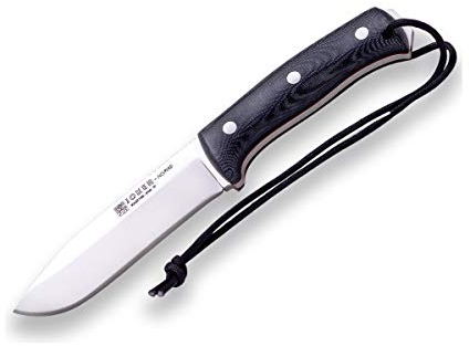 Joker Bushcraft Messer Nomad CM125-P, 12,7 cm Klinge aus Böhler N695 Stahl, Micarta Canvasgriff, Schwarze Lederscheide mit Feuerstahl, Werkzeug zum Angeln, Jagen, Camping und Wandern