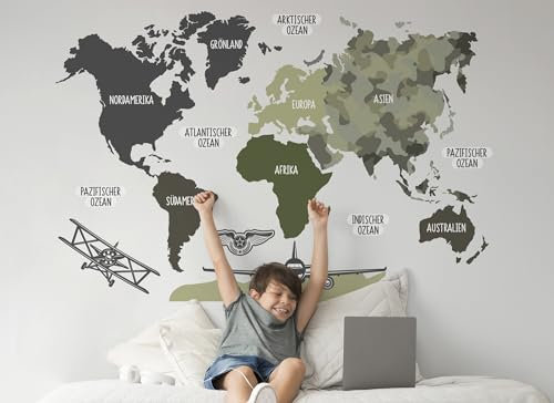 Osomhome Wandtattoo Weltkarte Armee (140x100cm) | World Map Wall Decoration Wandsticker | Deco Kinderzimmer Junge & Mädchen | Wandaufkleber Wandbild Kinderbilder Wandtattoo os5050