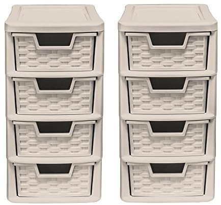 4 Drawer Small Rattan Tower Unit - Mushroom, Set of 2 Units - 38.5cm (H) x 19cm (W) x 26cm (D)