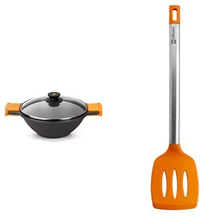BRA Sartén Wok, Cacerola Cóncava, Con Tapa De Cristal, Asas De Silicona, Metal, Negro, 24 Cm + Efficient Espátula De Cocina, Acero Inox, Nailon Y Silicona, Naranja, 36.5 Cm