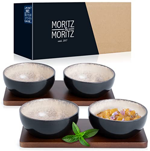 Moritz & Moritz VIDA 4x Dip Schalen Set mit Brett - 10cm Ø - 4 Dipschalen Grau-Beige aus Porzellan - Für Snacks, Dessert, Dips und Saucen