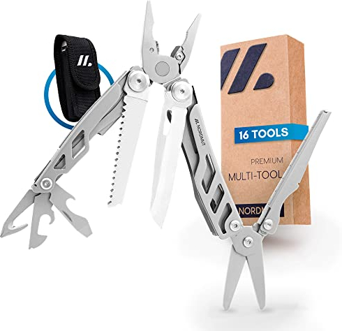 NORDMUT® Multitool Werkzeug [16 in 1] Edelstahl Taschenmesser mit 16 praktischen Werkzeugen | Outdoor Messer Multifunktionstool faltbar mit Zange, Schere, Messer und Säge für Outdoor und Camping