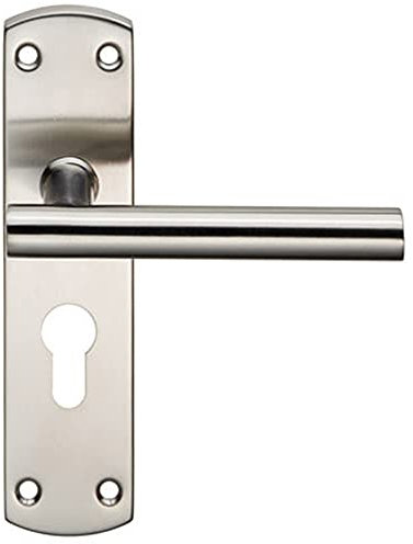 Mitred T-Bar Lever Door Handle on Euro Lock Backplate - 172 x 44mm - Satin Steel | Commercial Lever on Backplate Door Handle - Internal Door Hardware - Lock, Euro, Oval and Latch Options Available