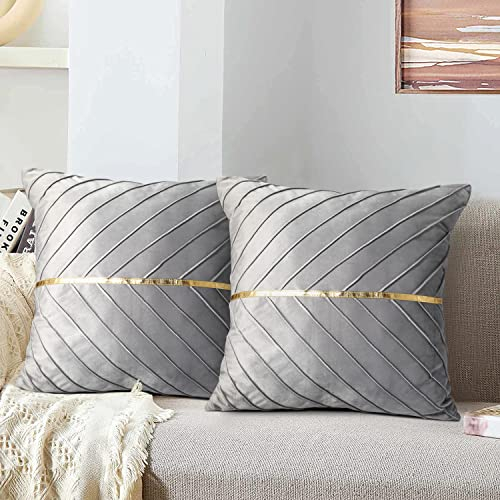 MAIXUN Kissenbezug Gold Grau Samt Deko Kissen 40x40 cm Sofakissen Weich Couchkissen Zierkissenbezug Versteckter Reißverschluss für Wohnzimmer Schlafzimmer 2er Set