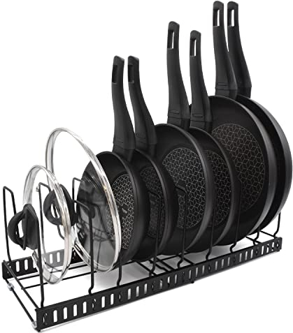 joeji's Kitchen Soporte para sartenes para armario Organización de cocina con 2 estantes para ollas Soporte para sartenes para armario Organizador de tapas de ollas con 9 ranuras