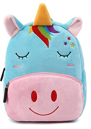 BEFUNIRISE Kleinkind-Rucksack für Jungen und Mädchen, niedlicher weicher Plüsch-Tier-Cartoon-Mini-Rucksack, klein für Kinder von 2–6 Jahren, Einhorn Rainbow-h Blau, Einheitsgröße, Benutzerdefiniert