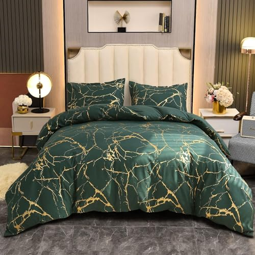 Bettwäsche 135x200 4teilig Grün Dunkelgrün Gold Marmor Aesthetic Microfaser Bettwäsche Set Luxus Modern Bettbezug Set mit Metallic-Glitzermuster Teenager Wendebettwäsche und Kissenbezüge 80x80