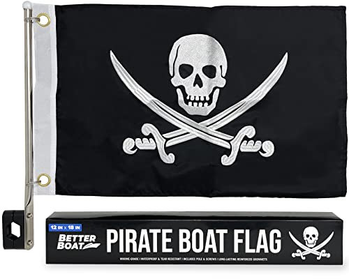 Pirate Flag Boat Pole Kit, 12 x 18 Jolly Roger Flag Set, Double-Sided Marine Grade, Black Mini Holder, Pontoon Accessories, Burgee Included
