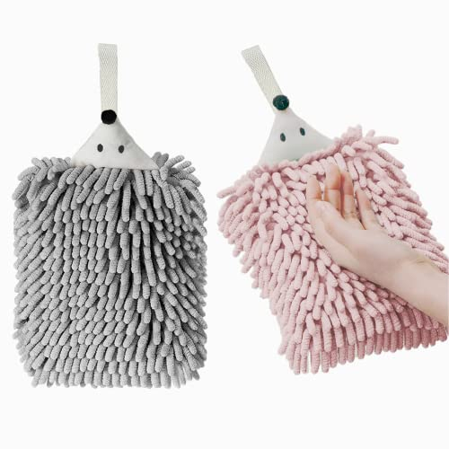 sisiten Chenille-Handtücher für Badezimmer, Küche und Schlafzimmer, zum Aufhängen mit Knopfschlaufe, lustiges Igel-Handtuch, 2 Packungen