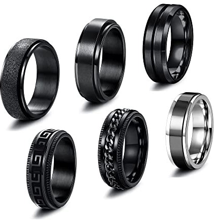 JeweBella 6 Stück Edelstahl Ringe für Herren Spinner Ringe Set Vintage Breit Schwarz Ringe Drehbare Kette Ringe Vintage Spinner Ring Männer Hochzeitsversprechen Band Ringe Größe 54-70
