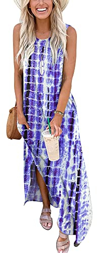 AUSELILY Vestito Lungo Donna Maxi Vestito Estivo Donna Lungo da Spiaggia Mare Vestito T Shirt Donna Lungo con Spacco Laterale e Tasche Tintura Plaid Blu Viola M