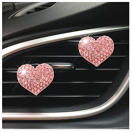 CGEAMDY 2 Stück Auto Lüftungsclip Liebe Herzform Dekoration, Auto Lüftungsschlitz Clips, Auto Lufterfrischer Aromatherapie Clips Bling Strass Auto Charm Zubehör Für Mädchen Frauen (Rosa)