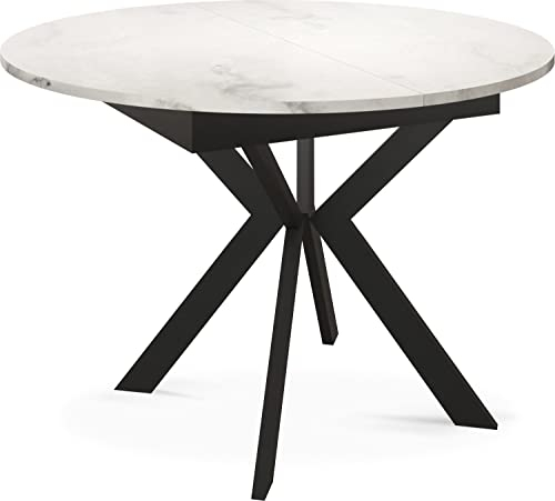 WFL GROUP Runder Ausziehbarer Esstisch in Weißer Marmoroptik mit Schwarzen Metallbeinen - Aufbewahrung der Erweiterungsplatte im Inneren - Industrieller Tisch für Wohnzimmer - 100 cm - Marmor Weiß