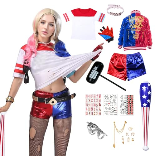 JMOCD Quinn Cosplay Kostüme,Mädchen Bösewicht Suicide Kostüm Mädchen Cosplay Costume für Halloween Karneval (Erwachsene,XL)