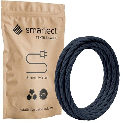smartect Textilkabel gedreht 3-Adrig (3 x 0.75 mm²) Anthrazit, 3 Meter | Vintage Lampenkabel Stoff, Stromkabel textilummantelt für eigenes DIY Projekt