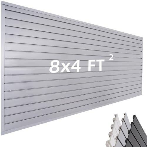 FRAYSCENT Slat Wall Paneling Garage Wall Organizer, Slatwall Panels Garage Tool Organizer Wall Mount Garage Slat Wall Storage Systems, Slat Board PVC Wall Panels Garage Storage (Grey, 8ftx4ft)