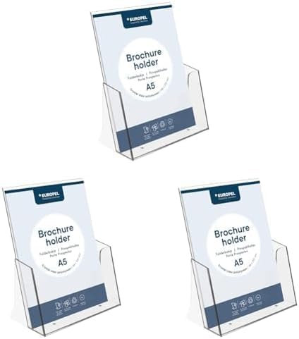 Europel Prospekthalter Aufsteller - Injektion Prospektständer - DIN A5 - Transparent - Broschürenständer für Büros - Broschürenhalter im Hochformat für Menü, Faltblatt, Flyer (Packung mit 3)