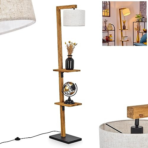 Stehleuchte Baval, moderne Stehlampe aus Metall/Holz/Stoff in Schwarz/Natur/Beige/Weiß, Standlampe m. verstellbarem Schirm, Fußschalter am Kabel, Ablageflächen, Höhe 164 cm, 1x E27, ohne Leuchtmittel