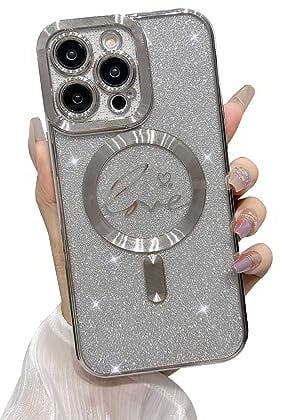 EYZUTAK Magnetic Case for iPhone 15 Pro Max, Bling Glitter Luxury Love Cute Heart Pattern Plating Phone Case [Compatible with Magsafing] Magnetic Wireless Charging TPU Clear Back Cover - Silver