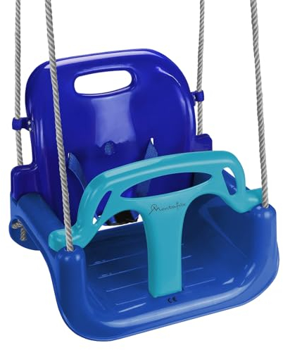Montafox Balançoire pour Enfants bébés 3 en 1 réglable évolutive Balançoire pour Enfants avec Dossier Ceinture de sécurité, Couleur:Bleu