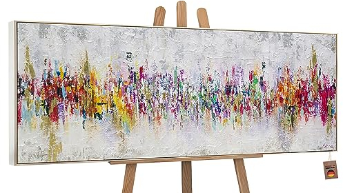 YS-Art Abstrakt Acryl Gemälde auf Leinwand handgemalt Abstraktion II Wandbilder Wohnzimmer moderne farbenfrohe Skyline Wohndekor Bilder echte Kunst mit Rahmen 180x60 cm