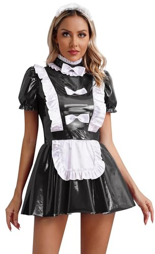 FEESHOW Damen Dienstmädchen Kostüm Kleid Leder Lack Maid Kleid Stirnband Set Sexy Fasching Karneval Kostüm Französisches Magd Rollenspiel Outfit Schwarz_E L
