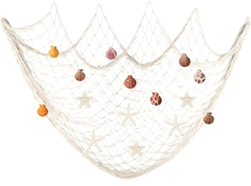 Fangoo Fischernetz deko Fischernetz Wanddekoration deko Muscheln Handgewebtes Fischernetz Mediterrane deko Hochzeit,Fotografie Wanddekoration (Weiß 200x100cm)