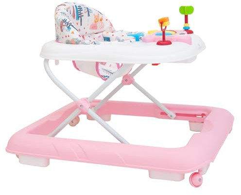 Olmitos - Déambulateur pour enfants avec plateau d'activité - Premiers pas stimulation sensorielle et développement moteur; centre d'activité pliable et réglable - Sûr avec système d'arrêt (Pink