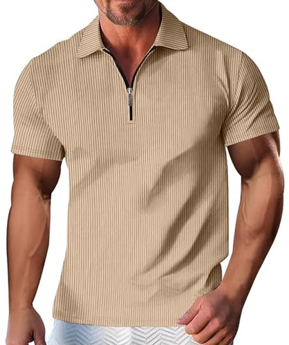 DIJX Lässiges und modisches, einfarbiges, kurzärmeliges T-Shirt mit gestreiftem und Reißverschluss für Herren Wortuhr Hemd Herren Blau Langarm (Khaki, XL)