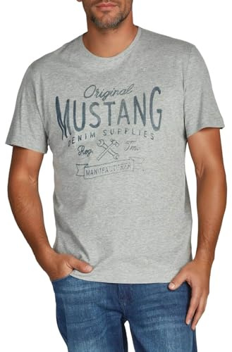MUSTANG Tshirt Herren Regular Fit Rundhals Kurzarm Sommer Tee Shirt Logoprint Baumwolle, Größe:XL, Farbe:Mid Grey Melange (1001139-4140)