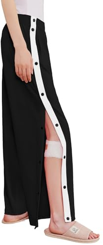 Deyeek Damen-Hose zum Abreißen, seitlicher Schlitz, Druckknopf, offene Unterseite, Jogginghose mit Beinabtrennung, nach Operationen, mit Taschen, Schwarz, L