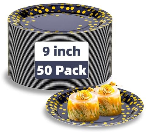 DN DENNOV 50 Piatti di Carta a Pois Polka, 9 Pollici, per Laurea, Feste, Matrimoni, Compleanni dei Bambini, Campeggio, Picnic (Blu Mela e Oro)