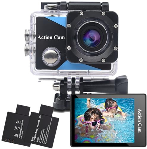 Nvgfelis Cámara Deportiva 1080P, 12MP Cámara de acción con Gran Angula Lente, Cámara Subacuática Impermeable 30M/98FT con 2 Baterías y Accesorios Kit para Casco y Bicicleta, etc.