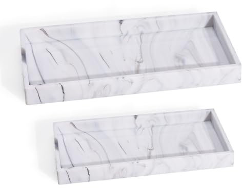 Huakaile 2 Silicone Bathroom Counter Tray, 7.8 x 3.9 & 11.8 x 5 Vanity Tray, Decorative Kitchen Soap Holder Plate Organizer for Makeup Perfume Candle Key Storage Toilet Tank Sink (Marble White)
