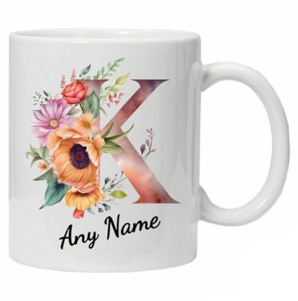 Personalised Mug Cup Watercolour Beautiful Floral Initial Name Tea Coffee Boxed Gift Christmas Gifts for Her Drinkware Ceramic (Letter K)