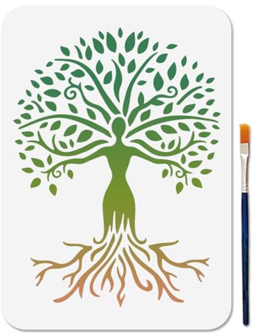 MAYJOYDIY Pochoir de Peinture D'Arbre de Femme Pochoir D'Arbre de Vie 29.7 × 21cm avec Pinceau Pochoir D'Arbre D'Art Modèle D'Arbre Humain pour Mur en Bois Fenêtre Bricolage Artisanat Décoration